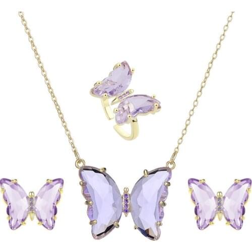 New Colorful Crystal Butterfly Jewelry Set Fashion Shiny Rhinestone Animal Butterlfy Pendant Necklace Earring Ring
