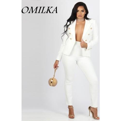 OMILKA New 2020 Womens 2 Pieces Blazer Sets Blazers and Trouser Suits Casual Lady White Black Business OL Button Trouser Suit