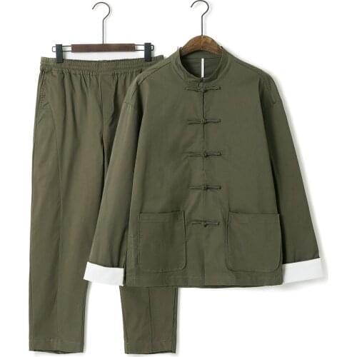 Autumn Mens Chinese Style Clothing Tang Suit Retro Youth Two-piece Suit Zhongshan Suit Hanfu Traditional Top Coat Pants mens