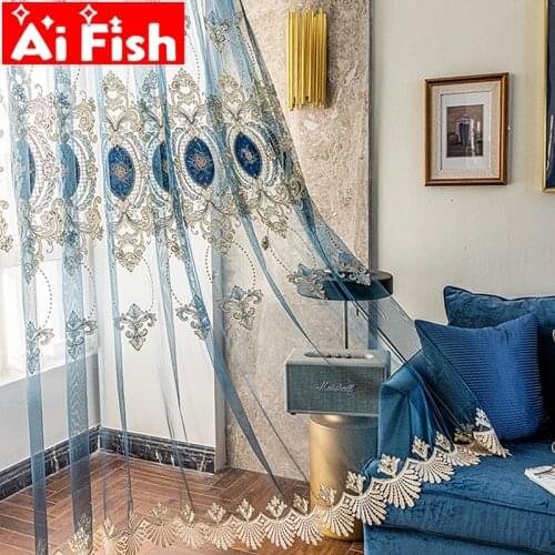 Luxury European Blue Embroidery Floral Voile Bedroom Blackout Curtains Water-soluble Lace Tulle Sheer Curtain Drapes WP456#5