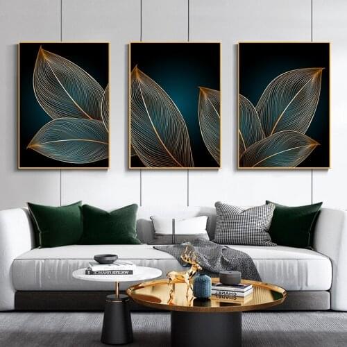 Luxurious Floral Poster Print Golden Leaves Monstera Wall Art Picture Canvas Painting Contemporary Living Room Decoration