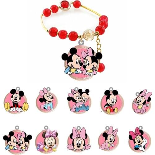 Disney Pink Minnie Mickey Bracelet Red Bead Cartoon Animation Resin Charm Bracelet Womens Party Bracelet Jewelry