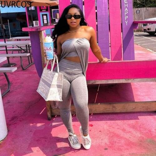 UVRCOS Pants Women New Fashion Two Piece Set Women Fall 2021 Womens Fashion Solid Sexy Strapless Long Cloak And Stretch Trousers