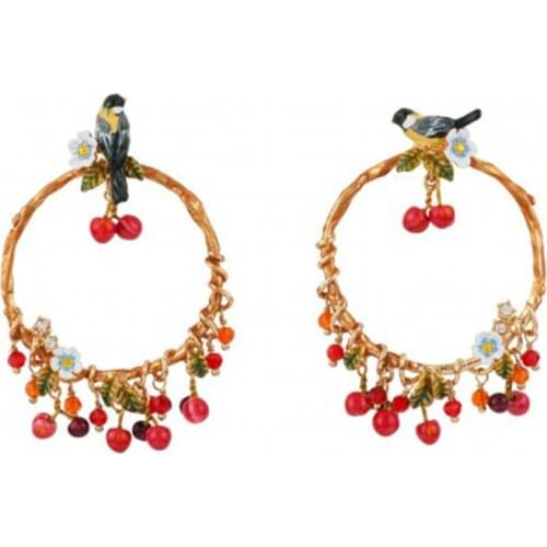 925 Silver Needle New Enamel Glazed Oriole Bird Stud Earrings Personality Fruit Small Cherry Circle Pendant Earrings Female