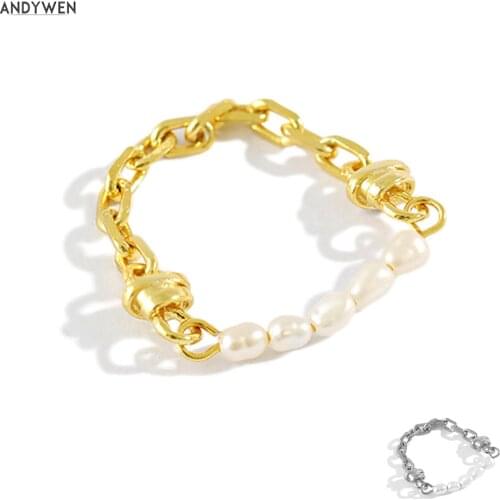 ANDYWEN 925 Sterling Silver Gold Pearl Soft Chain RIng Resizable Adjustable Women Fashion Wedding Gift Jewelry 2020 Special