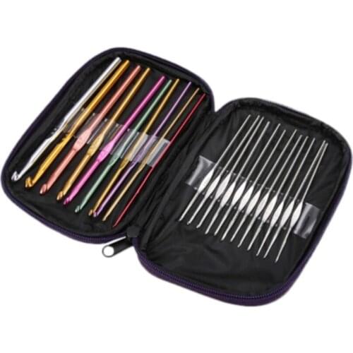 22Pcs/Set Mixed Color Aluminum Crochet Hooks Knitting Needles Case Yarn Kit New