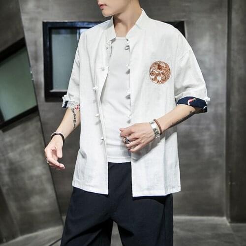 #8101 Summer Cotton Linen Shirt Men White Black Blue Stand Collar Casual Vintage Shirt Loose Embroidery Plus Size 4XL 5XL