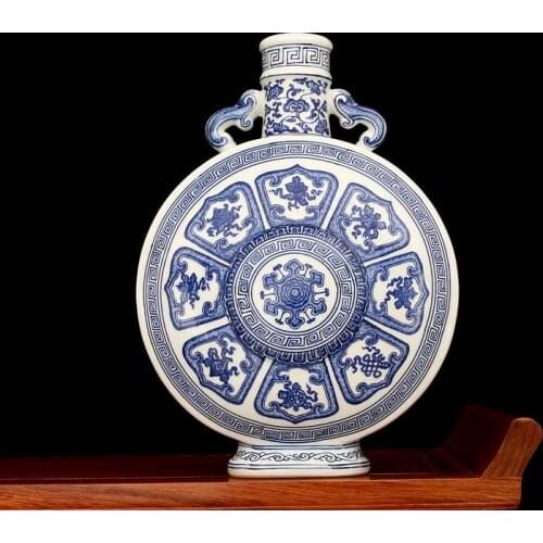 Qing Qianlong handpianted blue and white flowers moon shaped vase antique porcelain antiques old goods hand painted collection