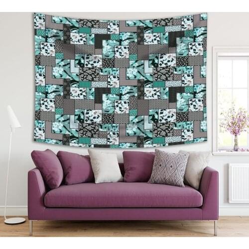 Tapestry Patchwork Pattern Floral Ornaments Stylized Flowers Leaves Dots Plants Classic Style Art Teal Grey