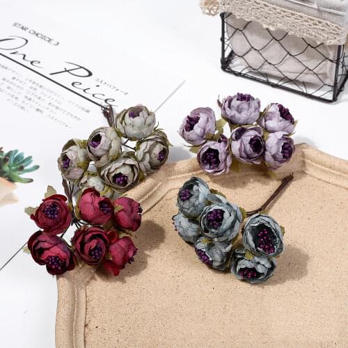 6pcs 4cm Artificial Flowers Silk Peony Rose Bouquet For Wedding Party Home Decoration DIY Garland Scrapbooking Craft Fake Flower