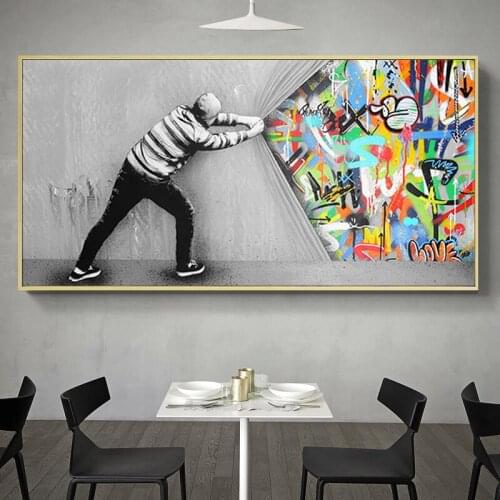 Street Graffiti Art Behind The Curtain Canvas Painting Posters Prints Wall Art Picture for Living Room Home Decoration Cuadros