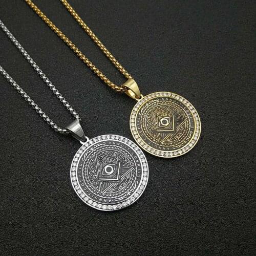 Annuit Coeptis Masonic Freemasonry Round Pendants Necklaces Illuminati Eye 316L Stainless Steel Men Hip Hop Rapper Jewelry