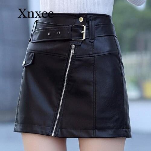 Plus Size 3XL PU Leather A Line Skirt Women Belt Zipper High Waist Womens Mini Skirts Black 2020 Autumn Fashion Bottoms Female