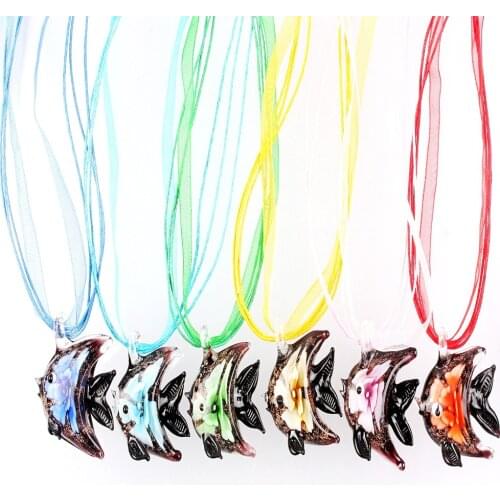 Fashion Beauty Wholesale 6pcs handmade Murano Lampwork Glass Mixed Color Fish Flower Inside Pendants Charms Necklaces FREE