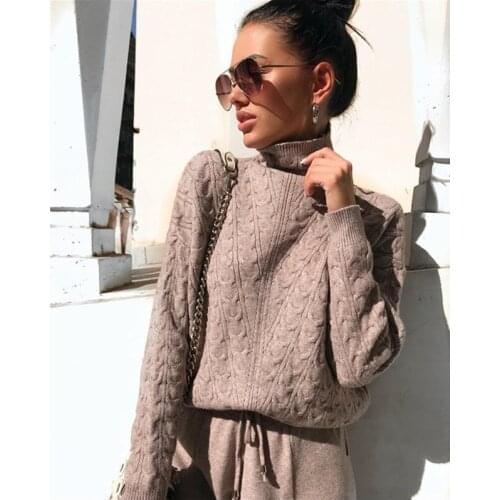 Autumn Winter Knitted Turtleneck Tracksuit For Women Casual Knitted Trousers+Turtleneck Sweater Womens Suit Warm Female Tracks