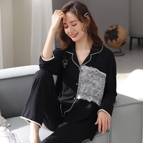 Autumn Hot Selling Black Long Sleeve Women Pajamas Set Pure Color Silk Splicing Lace Homewear Simple Two-piece Set Lady Nightie