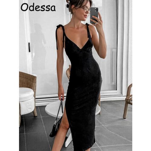 Odessa Black V Neck Split Midi Dress Women Khaki Bandage Ribbed Spaghetti Strap Dresses Elegant Vestidos Spring Summer 2021