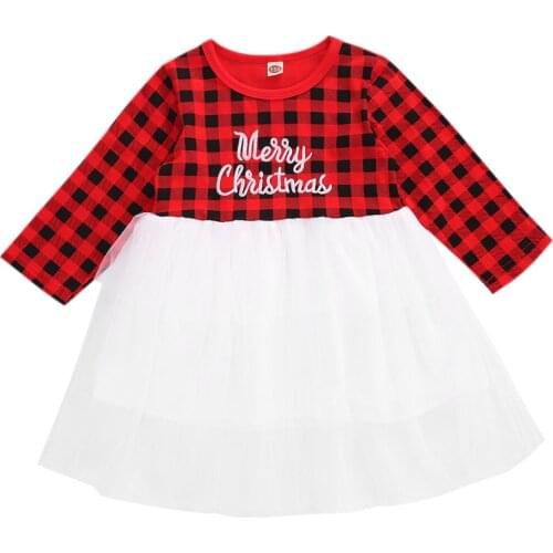 Toddler Kids Baby Girl Xmas Dress Patchwork Fashion Mesh Lace Dress Red Plaid Letter Round Neck Long Sleeve Children Dresses
