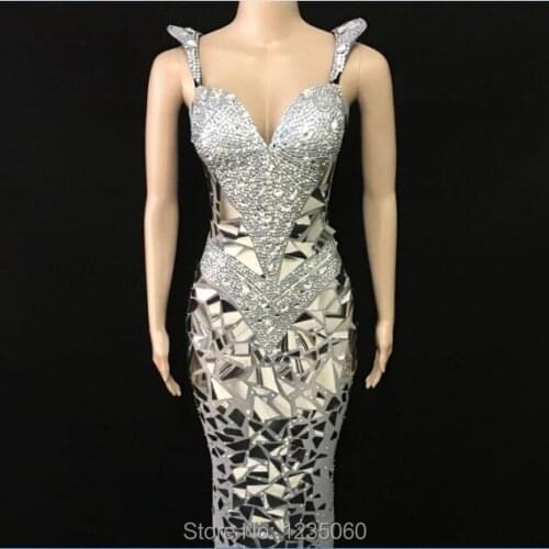 Sparkly Silver Rhinestones Sequins Mesh Long Dress Womens Birthday Celebrate Outfit Nightclub Female Singer Sexy Stage Dress