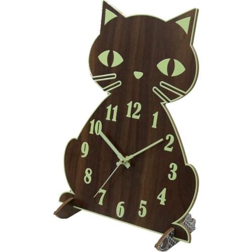 Luminous Wall Clock with Numerals Hands Glow in Dark Cat Wooden Wall Clock Entirely Silent & Battery For Living Room Bedroom