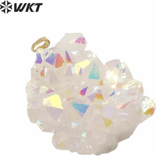 WT-P1561 Amazing rainbow Natural Aura cluster quartz pendant one single hoop druzy cluster quartz angel pendant