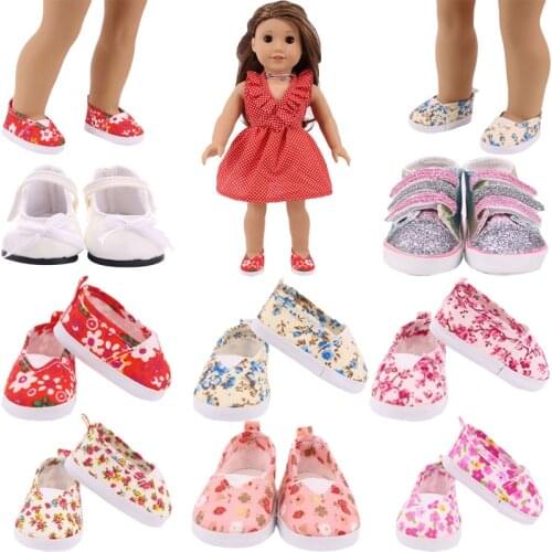 Doll Shoes Floral canvas shoes Flat shoes For 18 Inch American &43 Cm Baby New Born Doll Accessories For Our Generation Girl`Toy
