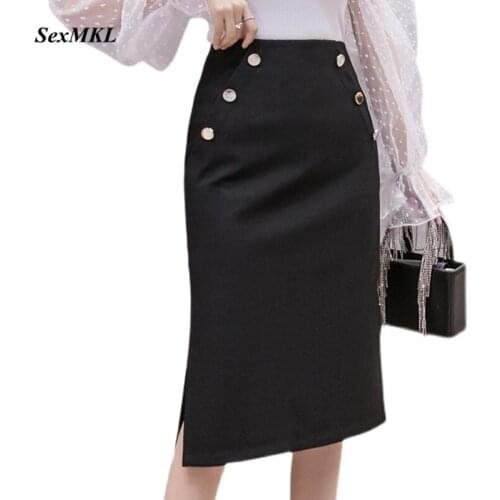 Elegant Elastic Black Office Skirts Women 2021 Fashion Korean Button Bodycon High Waist Skirt Sexy Zipper Midi Pencil Skirt XXL