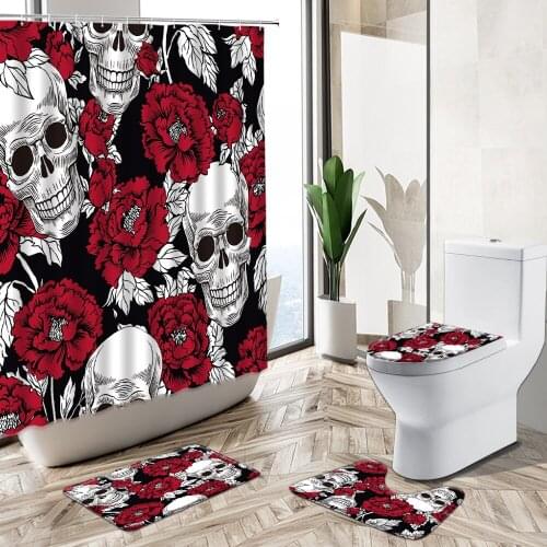Sugar Skull Flower Shower Curtain Set Horror Funny Halloween Theme Home Decor Bath Mat Toilet Lid Cover Flannel Bathroom Carpet