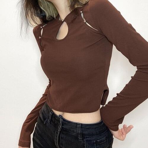 Spring Solid Color T-Shirt Cut Out Hollow Button Connected Crop Top Round Neck Long Sleeve Slim Wild Casual Shirt for Ladies