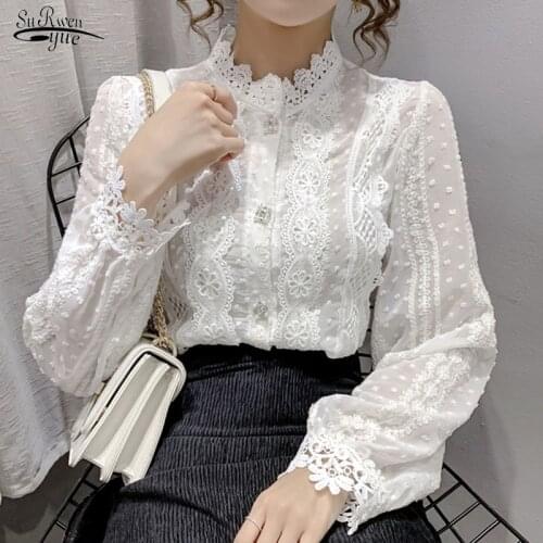 Fashion Long Sleeve Flower Crochet Stitching Blouse Women Spring Elegant Lace Chiffon Shirts Sweet Loose Korean Top Blusas 15996
