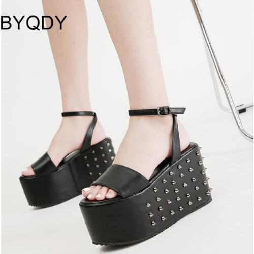 BYQDY Sexy Rivets Thick Bottom Wedges Women Sandals Open Toe Super High Heels Sandals For Party Brand Designer Great Quality