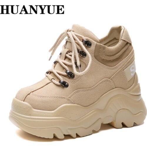 2019 Women Platform Ankle Boots Wedge 12 CM High Heel Autumn Sneakers Height Increasing Woman Outdoor Leather Motorcycle Shoes