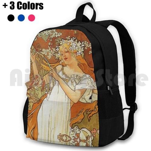 Alphonse Mucha-Spring 1896 Outdoor Hiking Backpack Riding Climbing Sports Bag Girls Hair Fall Yellow Sunny Glamour Orange Maple