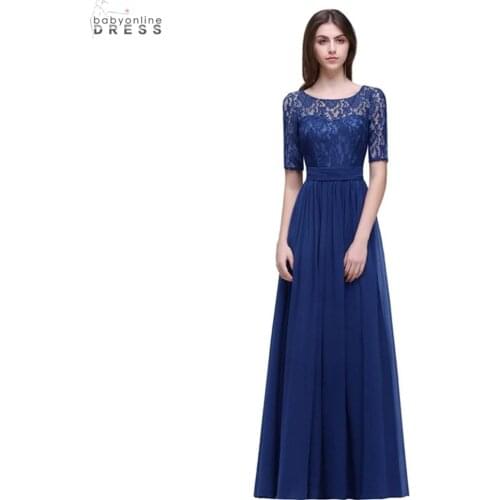 In Stock Elegant Half Sleeve Plus Size Lace Long Evening Dress Sexy Royal Blue V Back Evening Gowns Robe de Soiree Longue