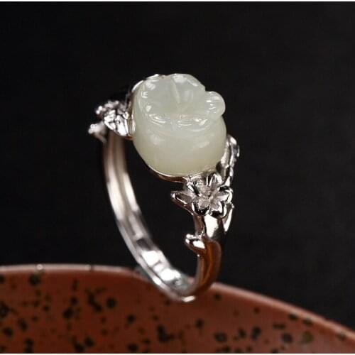 Hot silver S925 pure silver antique mosaic and Tian Yu White Jade Flower lady high-end open ring ring wholesale