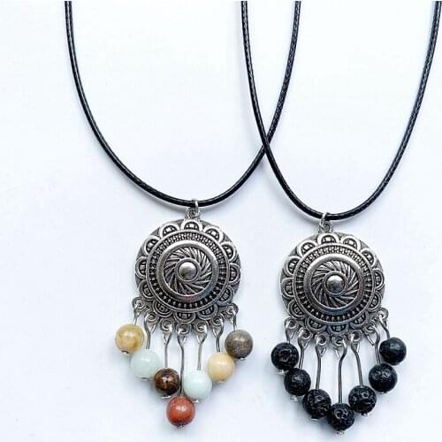 Black Wax Rope Necklace Tibetan Silver Totem Flower Charm Pendants Necklace Meditation Crystals Stones Spiritual Jewelry