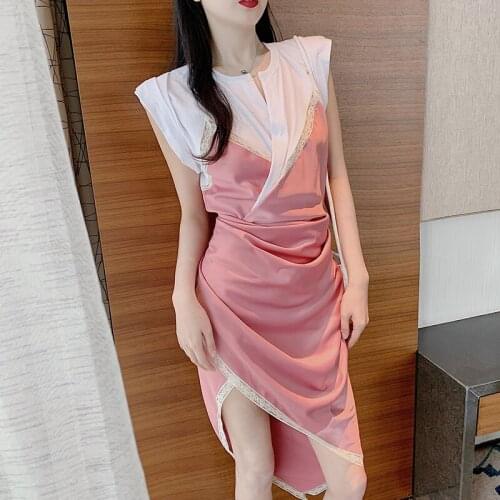 Temperament Elegant Contrast Color Splice Dress Slim Fake Two Piece Collect Waist Sleeveless Dresses for Women Vestido Feminino