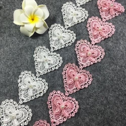 1Yard Handmade Lace Trim Patchwork Material White Pink Heart Lace Ribbon DIY Garment Sewing Accessories