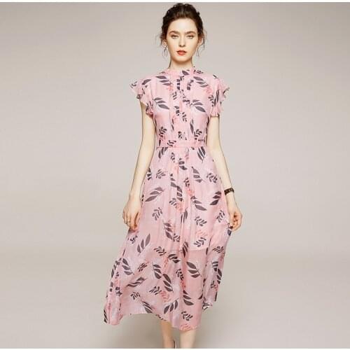2021 Summer Dresses Elegant Fashion Stand Collar Short Sleeve Ruffles 100% Natural Real Silk Pink Women Print A-line Dress