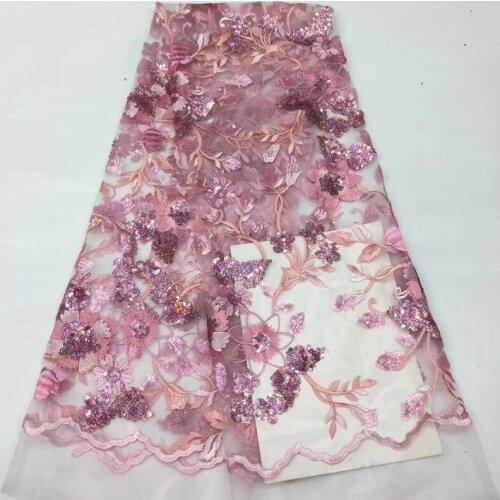 5yards/pc) High quality pink tulle lace fabric beautiful sequins embroidered African French net lace for party dress FSS019