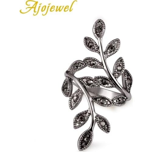 Ajojewel Size 6-9 Black Rhinestone Antique Leaf Ring Women Hot Selling Vintage Female Jewelry Wholesale
