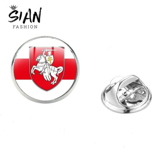 SIAN Republic of Belarus National Emblem Brooches Pins White Knight Art Photo Glass Cabochon Pin Brooch Kids Gifts Jewelry