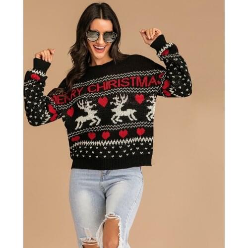 Black Women Christmas Knit Thick Sweater 2020 Winter Lady Elk Deer Casual Letter Hipster Pullover Outdoor Sweaters Knitted Top