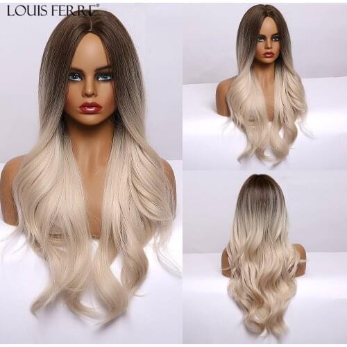 LOUIS FERRE Long Ombre Black Brown Blonde Platinum Synthetic Wigs for Black Woman Wave Middle Part Cosplay Wig High Temperature