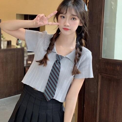 Retro Style Tie T Shirts College Classic Lapel Short Sleeve Crop Tops Summer Casual Loose Thin Solid Color T-shirt For Women