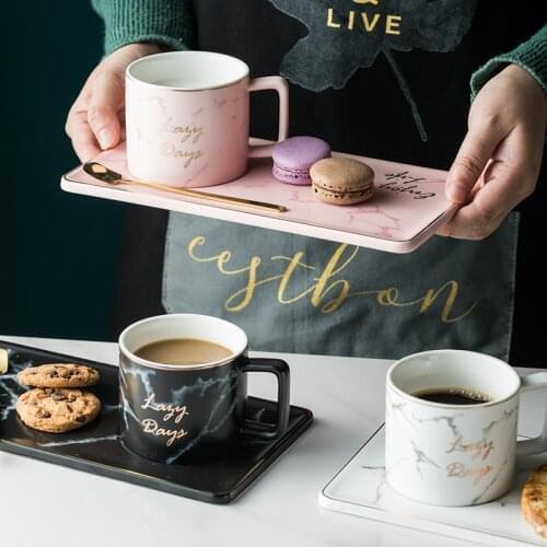 Ceramic mug Gold Spoon Coffee Cup Dish Set Coffee Tea Milk Stave Cups Box Milk Tea Cup Dessert Tray Phnom Dish With Handle Gifts