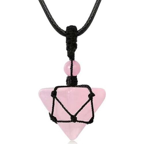 KFT Pyramid Stone Pendant Necklaces Natural Healing Crystal Stone Necklace Adjustable Rope Reiki Quartz Jewelry