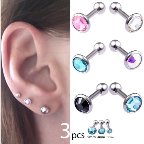 3pcs 3-5mm Cz Gem Ear Cartilage Earrings Women Stainless Steel Helix Piercing Sexy Body Jewelry Barbell Earrings Piercing Oreja
