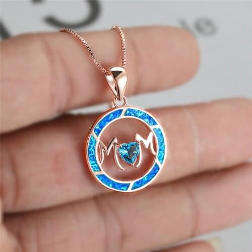 Round Hollow Blue Opal Mom Necklace Vintage Female Heart Stone Pendant Necklace Dainty Rose Gold Color Chain Necklaces For Women