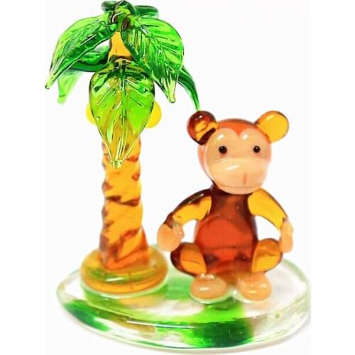 Miniature Glass Monkey Art Figurine with Coconut Tree Ornament Cute Gifts for Kids Hawaiian Style Home Desktop Decor Accessories